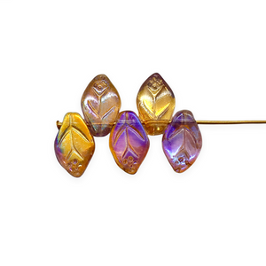 Czech glass leaf beads 25pc autumn golden purple orange metallic 12x7mm