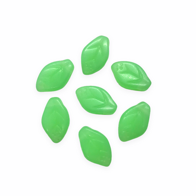 Czech glass leaf beads 25pc UV glow opaline green 12x8mm top side drill-Orange Grove Beads
