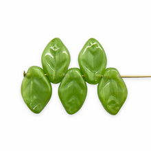 Load image into Gallery viewer, Czech glass leaf beads 25pc opaque green silk 12x7mm
