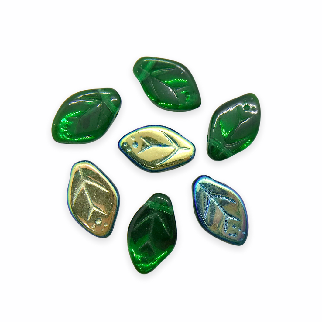 Czech glass leaf beads 25pc translucent emerald green AB 12x7mm-Orange Grove Beads