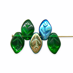 Czech glass leaf beads 25pc translucent emerald green AB 12x7mm