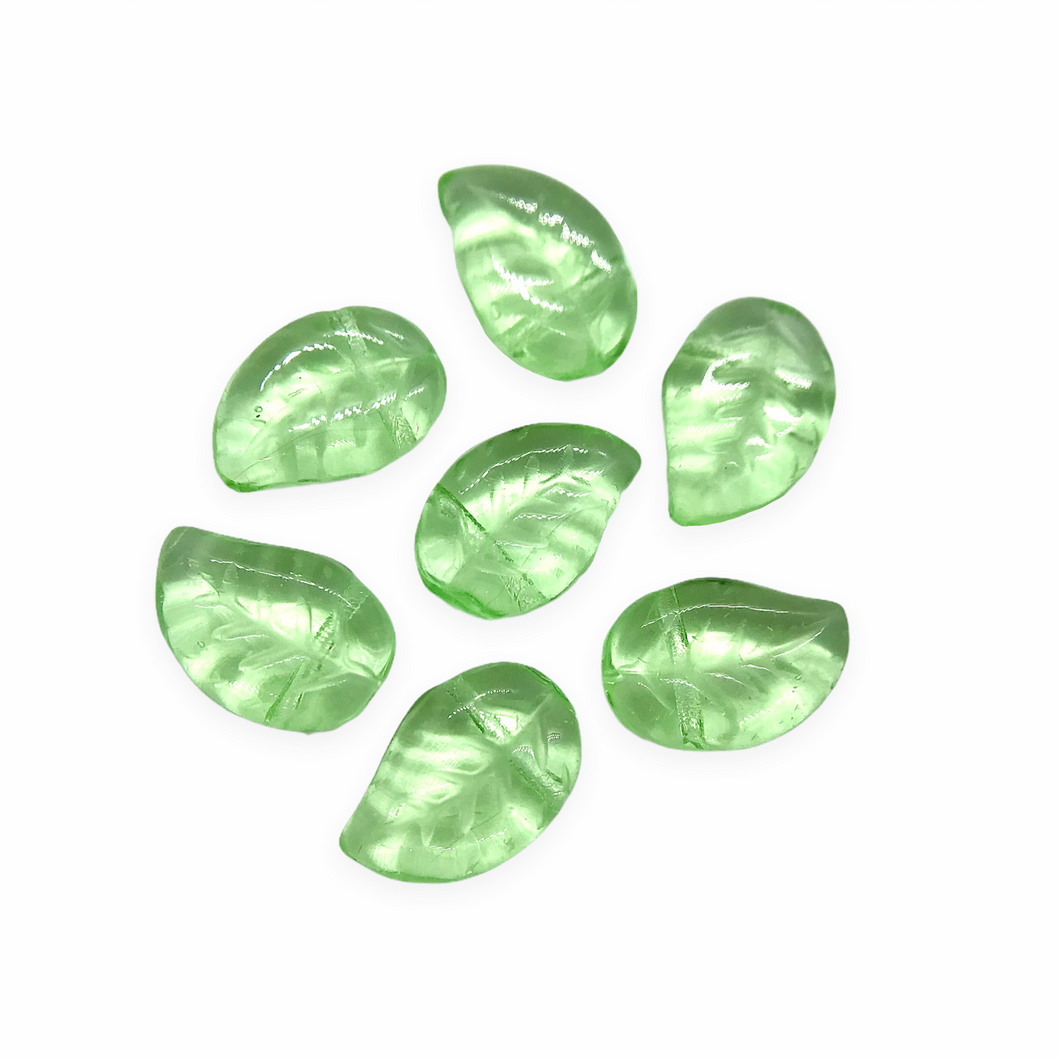Czech glass leaf beads 20pc translucent light peridot green 12x9mm side drill-Orange Grove Beads