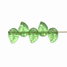 Load image into Gallery viewer, Czech glass leaf beads 20pc translucent light peridot green 12x9mm side drill
