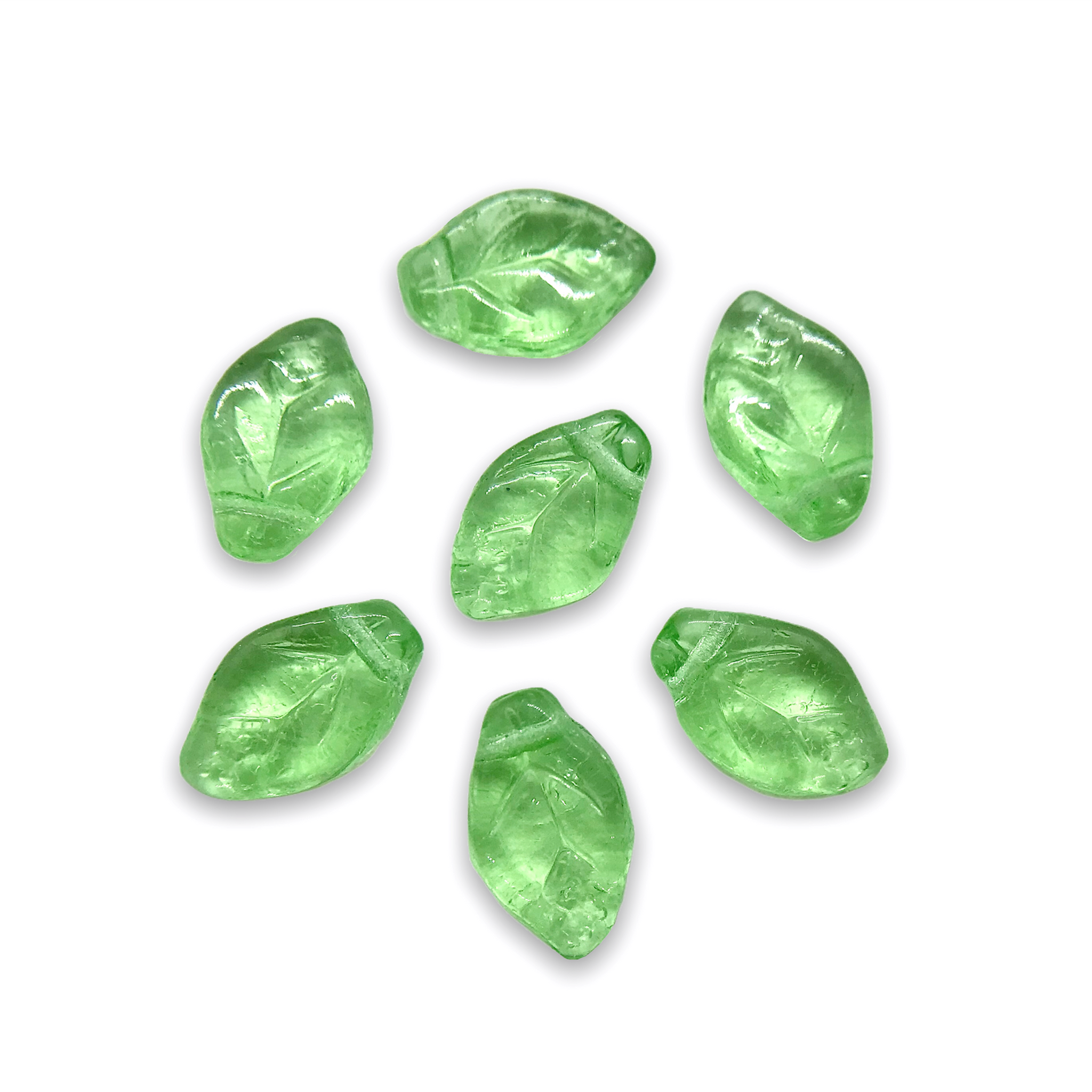 Czech glass leaf beads 25pc translucent light peridot green 12x7mm