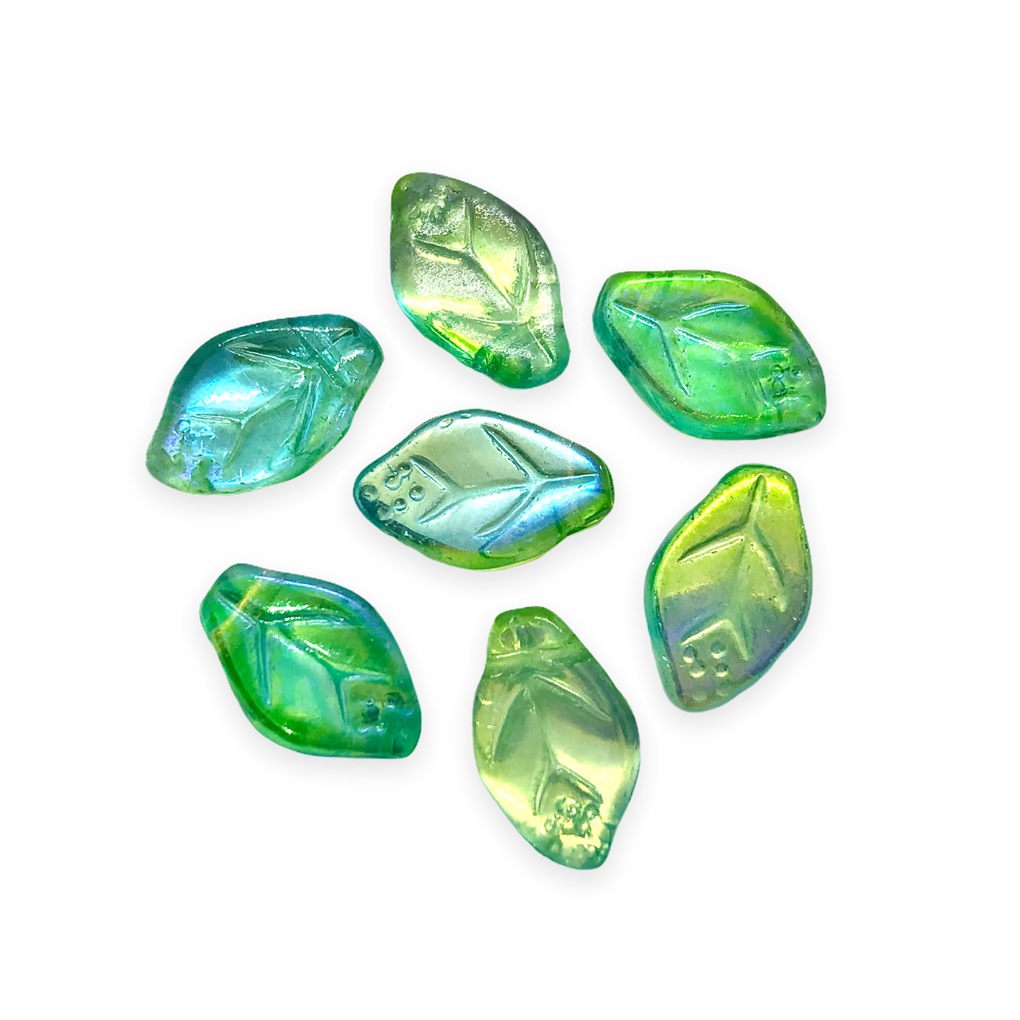 Czech glass leaf beads 25pc translucent light green blue gold AB