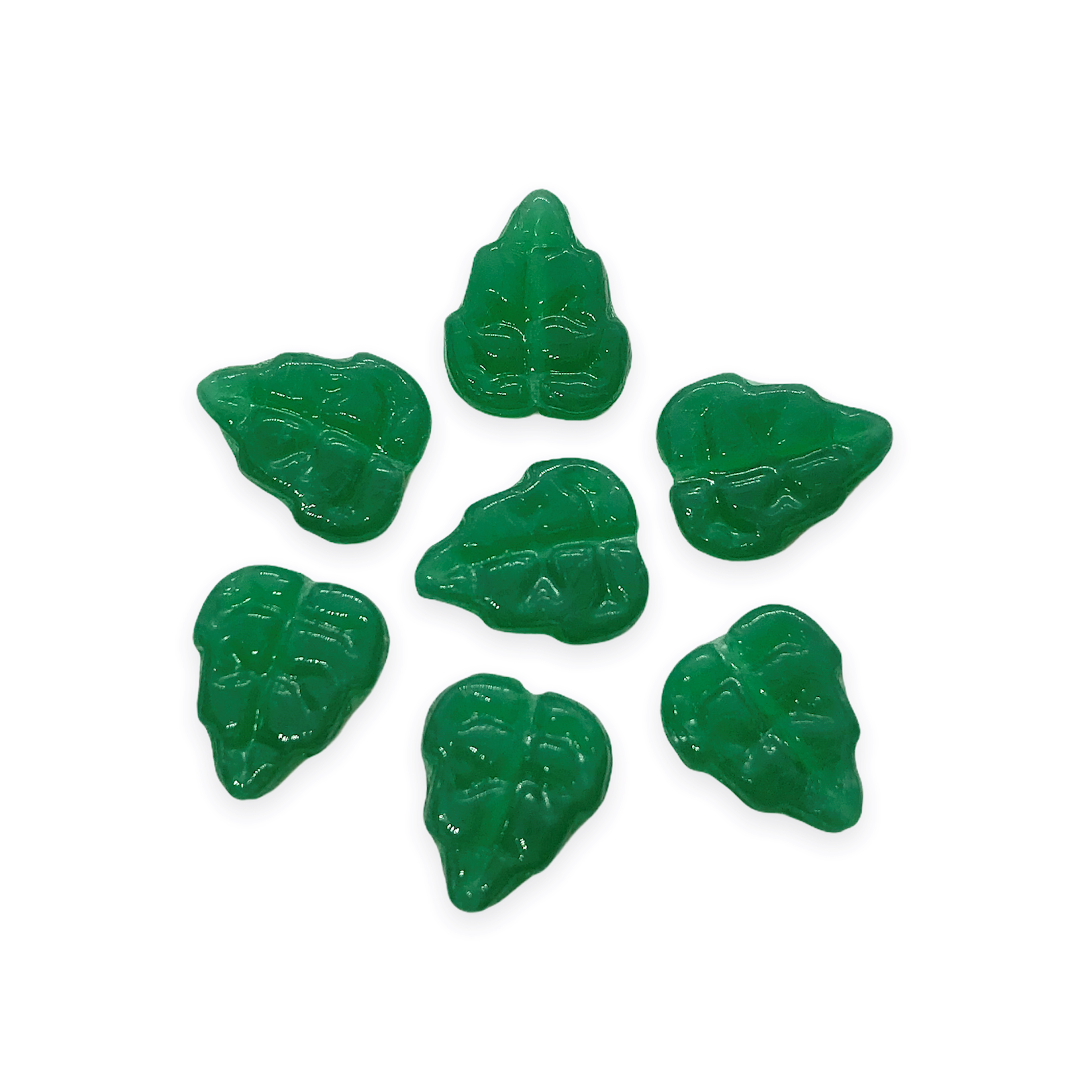 Lot of 25 Czech glass leaf beads - 10 x 8mm - center drilled dark green w/  iridescent purple finish mint leaf beads C00411