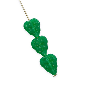 Czech glass birch leaf beads 25pc milky emerald green 10x8mm vertical drill