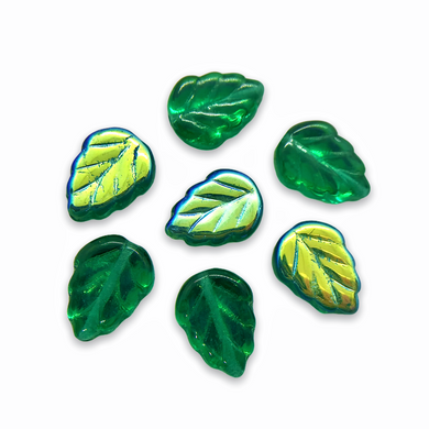 Czech glass leaf beads 25pc translucent emerald green AB 11x8=Orange Grove Beads