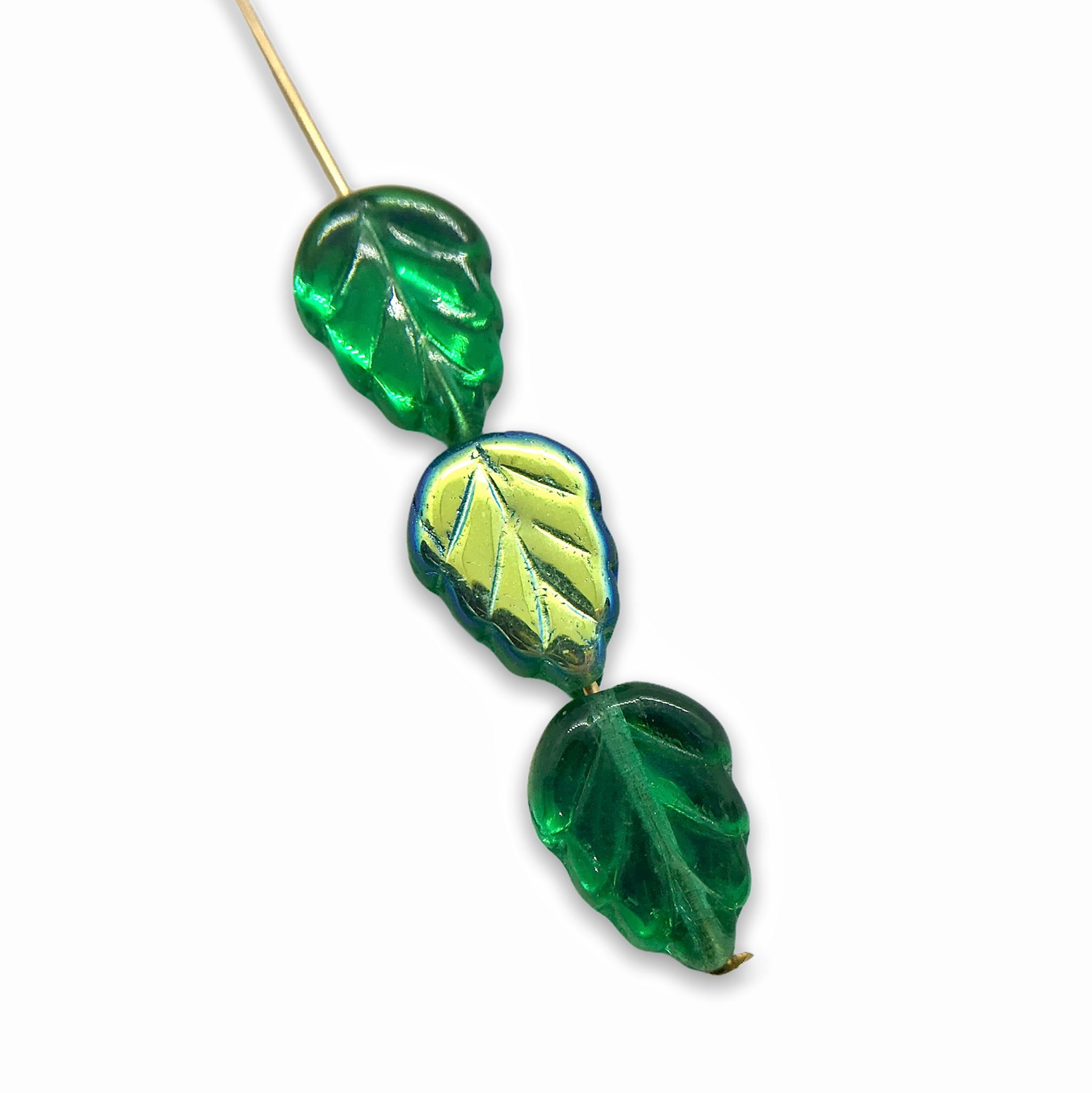 12x7mm Mixed blue green leaf beads, yellow inlays Czech glass