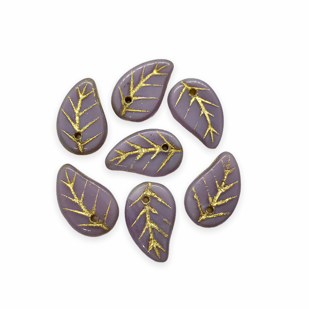 Czech glass flat leaf charms beads 20pc milky purple gold14x9mm-Orange Grove Beads
