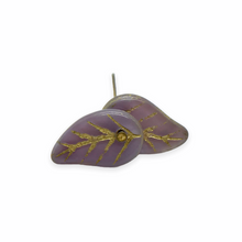 Load image into Gallery viewer, Czech glass flat leaf charms beads 20pc purple gold 14x9mm top drill
