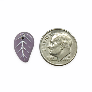 Czech glass flat leaf charms beads 20pc purple silver 14x9mm