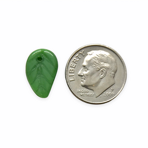 Czech glass flat leaf charms beads 20pc moonlight green 14x9mm