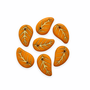 Czech glass flat leaf charms beads 20pc opaque orange gold14x9mm-Orange Grove Beads
