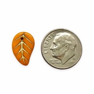 Czech glass flat leaf charms beads 20pc opaque orange gold14x9mm