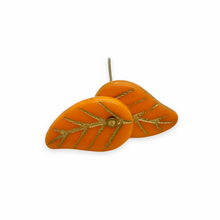 Load image into Gallery viewer, Czech glass flat leaf charms beads 20pc opaque orange gold14x9mm
