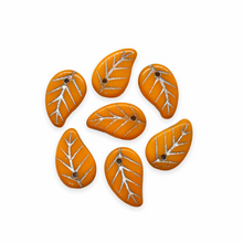 Load image into Gallery viewer, Czech glass flat leaf beads 20pc orange silver 14x9mm
