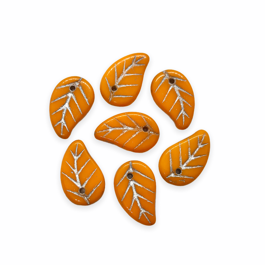 Czech glass flat leaf beads 20pc orange silver 14x9mm
