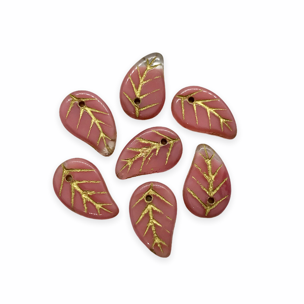 Czech glass flat leaf charms beads 20pc pink crystal gold14x9mm-Orange Grove Beads