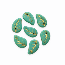 Load image into Gallery viewer, Czech glass flat leaf charms beads 20pc opaque turquoise blue gold 14x9mm-Orange Grove Beads
