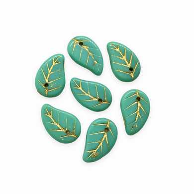 Czech glass flat leaf charms beads 20pc opaque turquoise blue gold 14x9mm-Orange Grove Beads