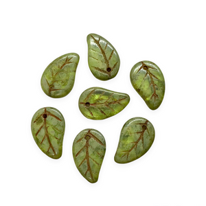 Czech glass flat leaf charms beads 20pc olivine green picasso 14x9mm-Orange Grove Beads