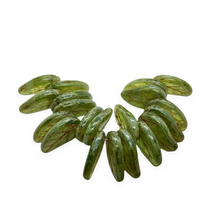 Load image into Gallery viewer, Czech glass flat leaf charms beads 20pc olivine green picasso 14x9mm
