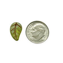 Load image into Gallery viewer, Czech glass flat leaf charms beads 20pc olivine green picasso 14x9mm

