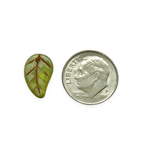 Czech glass flat leaf charms beads 20pc olivine green picasso 14x9mm
