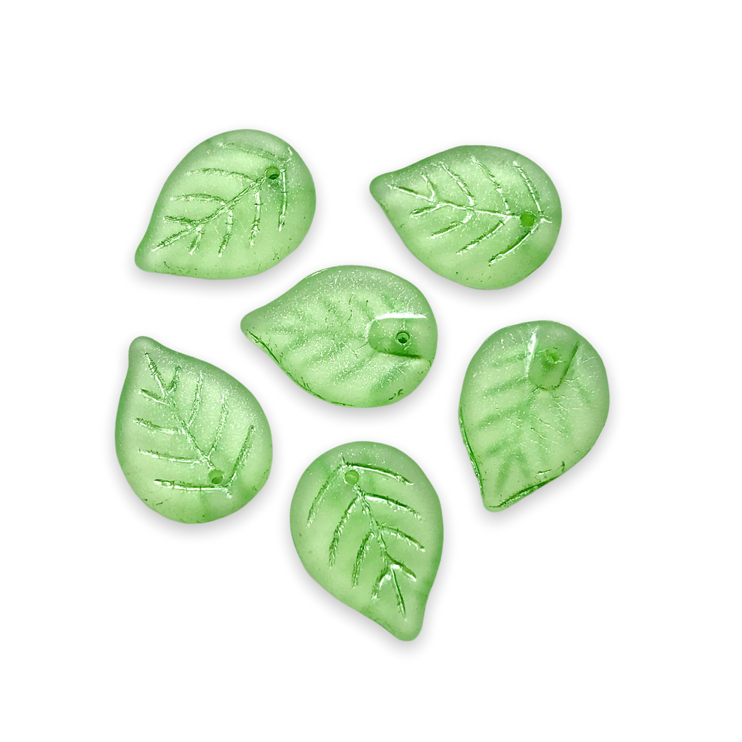 Czech glass large leaf beads charms 10pcs frosted pale green 18x13mm-Orange Grove Beads
