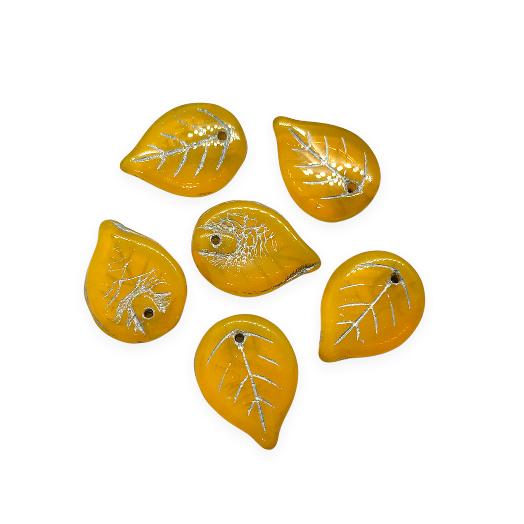Czech glass leaf beads charms 10pcs opaline yellow orange silver 18x13mm top drill-Orange Grove Beads