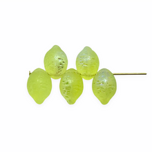 Load image into Gallery viewer, Czech glass lemon fruit beads 12pc translucent pale yellow AB UV glow

