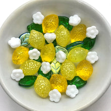 Load image into Gallery viewer, Czech glass lemon fruit beads with leaves flowers 36pc matte &amp; shiny yellow translucent #5

