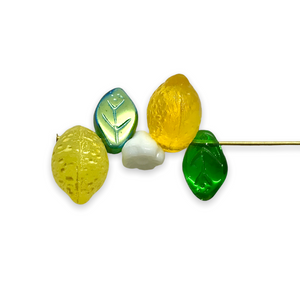 Czech glass lemon fruit beads with leaves flowers 36pc matte & shiny yellow translucent #5