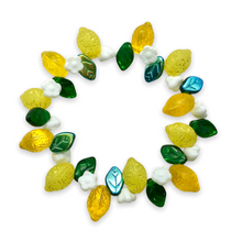 Load image into Gallery viewer, Czech glass lemon fruit beads with leaves flowers 36pc matte &amp; shiny yellow translucent #5
