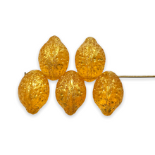 Load image into Gallery viewer, Czech glass lemon fruit shaped drop beads 12pc yellow orange gold

