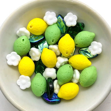 Czech glass lemon & lime fruit beads with leaves flowers 36pc-Orange Grove Beads