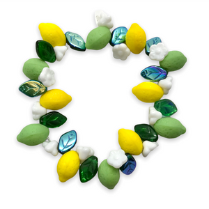 Czech glass lemon & lime fruit beads with leaves flowers 36pc