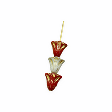 Load image into Gallery viewer, Czech glass lily amaryllis flower beads Christmas mix 12pc red white gold 10mm vertical drill
