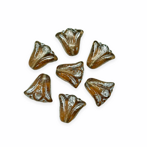 Czech glass art deco style lily flower beads 12pc brown silver 10mm-Orange Grove Beads