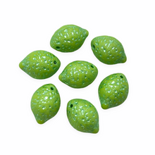 Load image into Gallery viewer, Czech glass lime fruit shaped beads 12pc matte opaque green blue metallic
