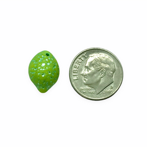 Czech glass lime fruit shaped beads 12pc matte green blue metallic wash