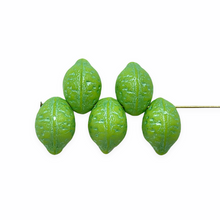 Load image into Gallery viewer, Czech glass lime fruit shaped beads 12pc matte green blue metallic wash

