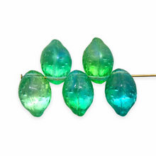 Load image into Gallery viewer, Czech glass lime fruit shaped beads 10pc blue green AB finish
