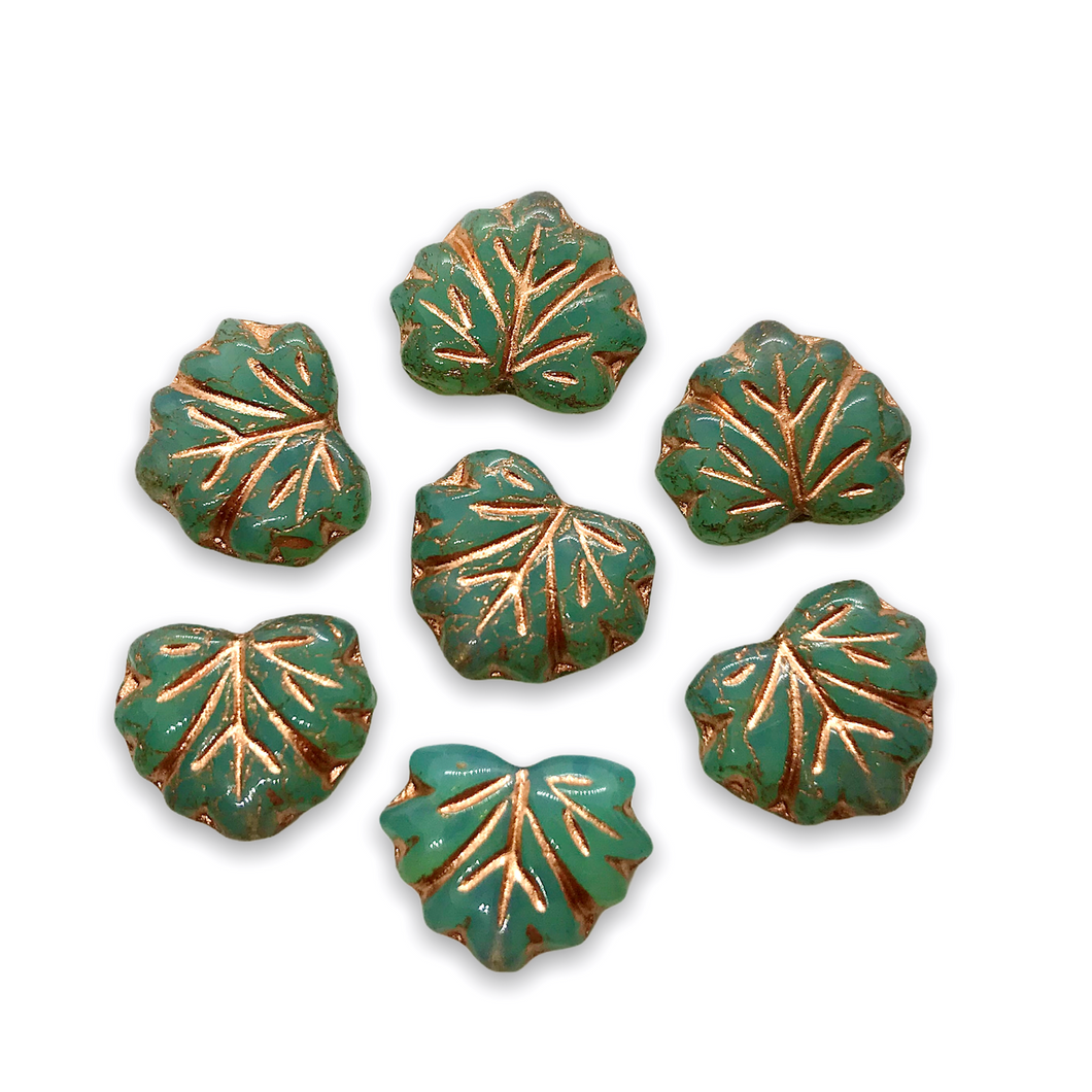Czech glass maple leaf beads 12pcs sea green opal copper 13x11mm-Orange Grove Beads