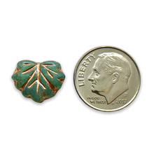 Load image into Gallery viewer, Czech glass maple leaf beads 12pcs sea green opaline copper UV glow 13x11mm
