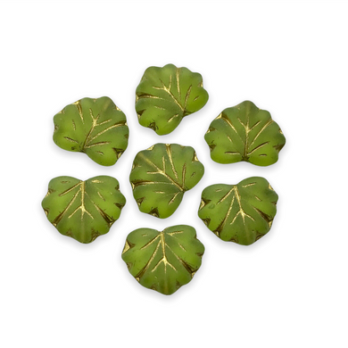 Czech glass maple leaf beads 12pc frosted olivine green gold 13x11mm-Orange Grove Beads