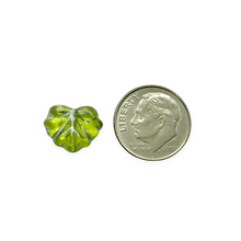 Load image into Gallery viewer, Czech glass maple leaf beads 15pc olivine green silver 13x11mm
