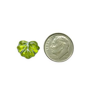 Czech glass maple leaf beads 15pc olivine green silver 13x11mm