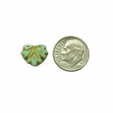 Load image into Gallery viewer, Czech glass maple leaf beads charms 12pcs mint green gold 13x11mm
